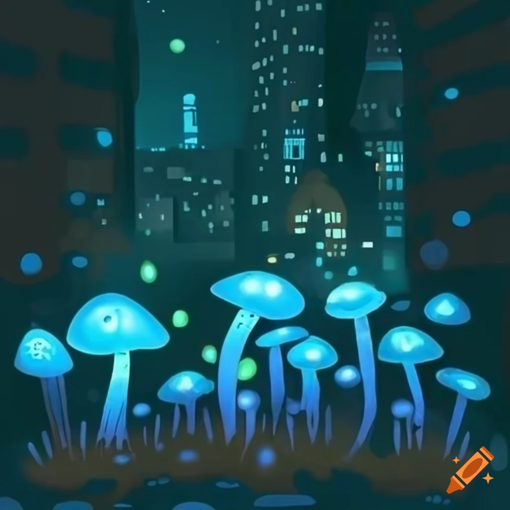 Bioluminescent mushroom art in a city street