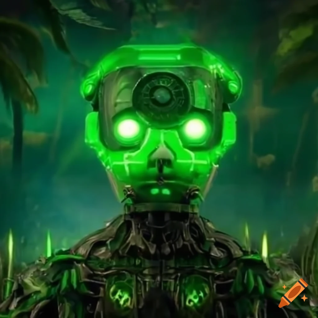 Robot with green laser eyes in the jungle