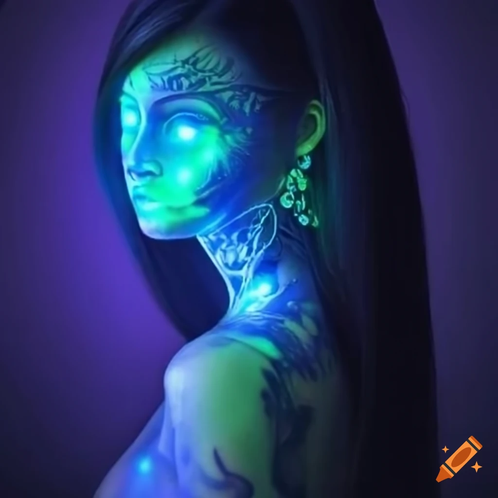 woman with blue glowing tattoos