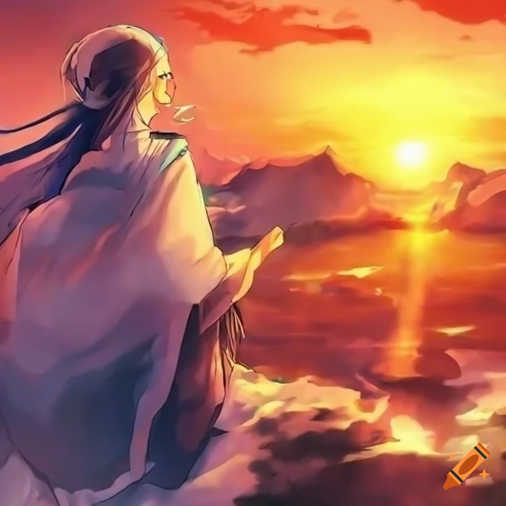 anime illustration of a UFO near a sunrise mountain