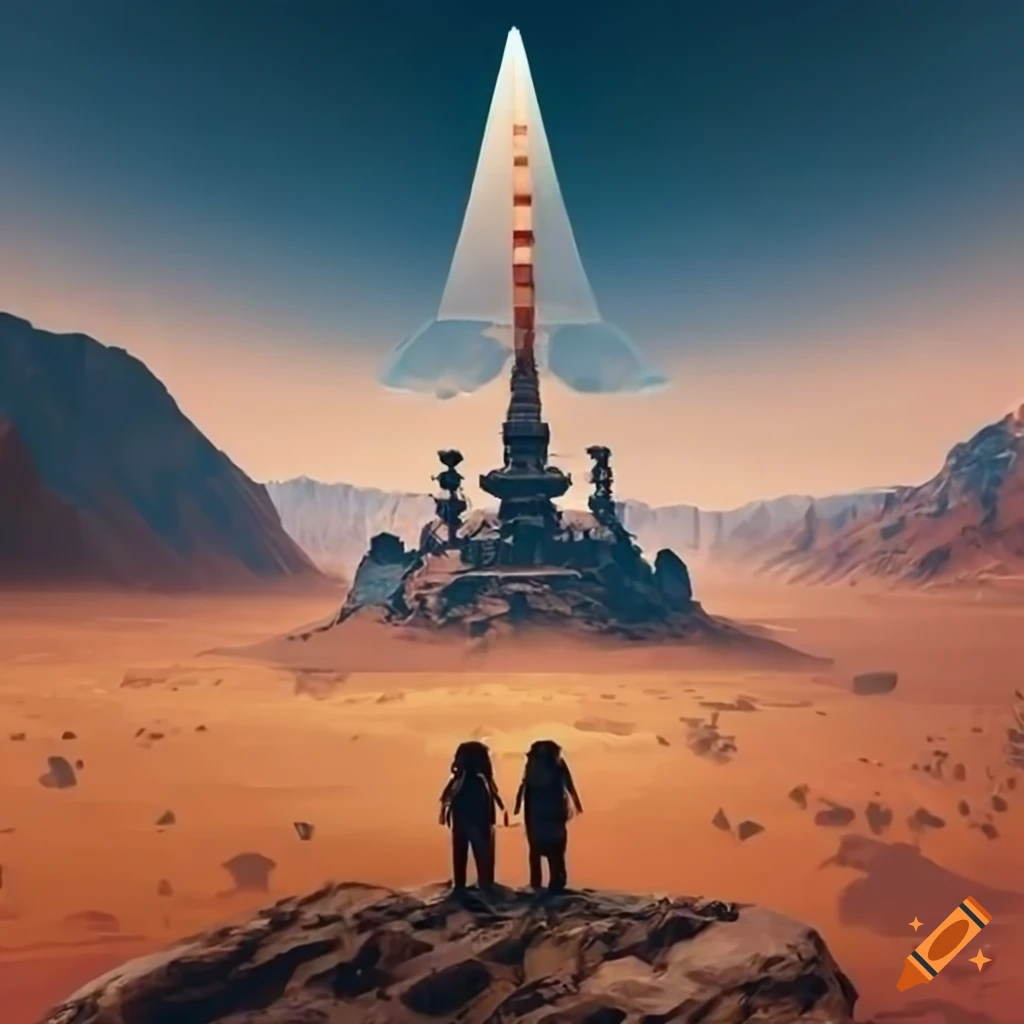 Expedition crew looking over a valley with ancient sci-fi temple 