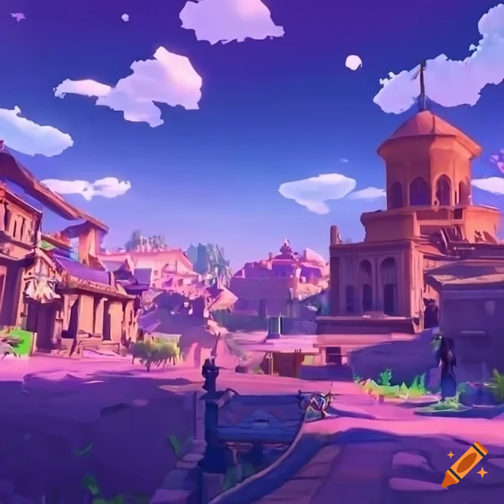 Genshin impact style artwork of a purple city with a palace on Craiyon