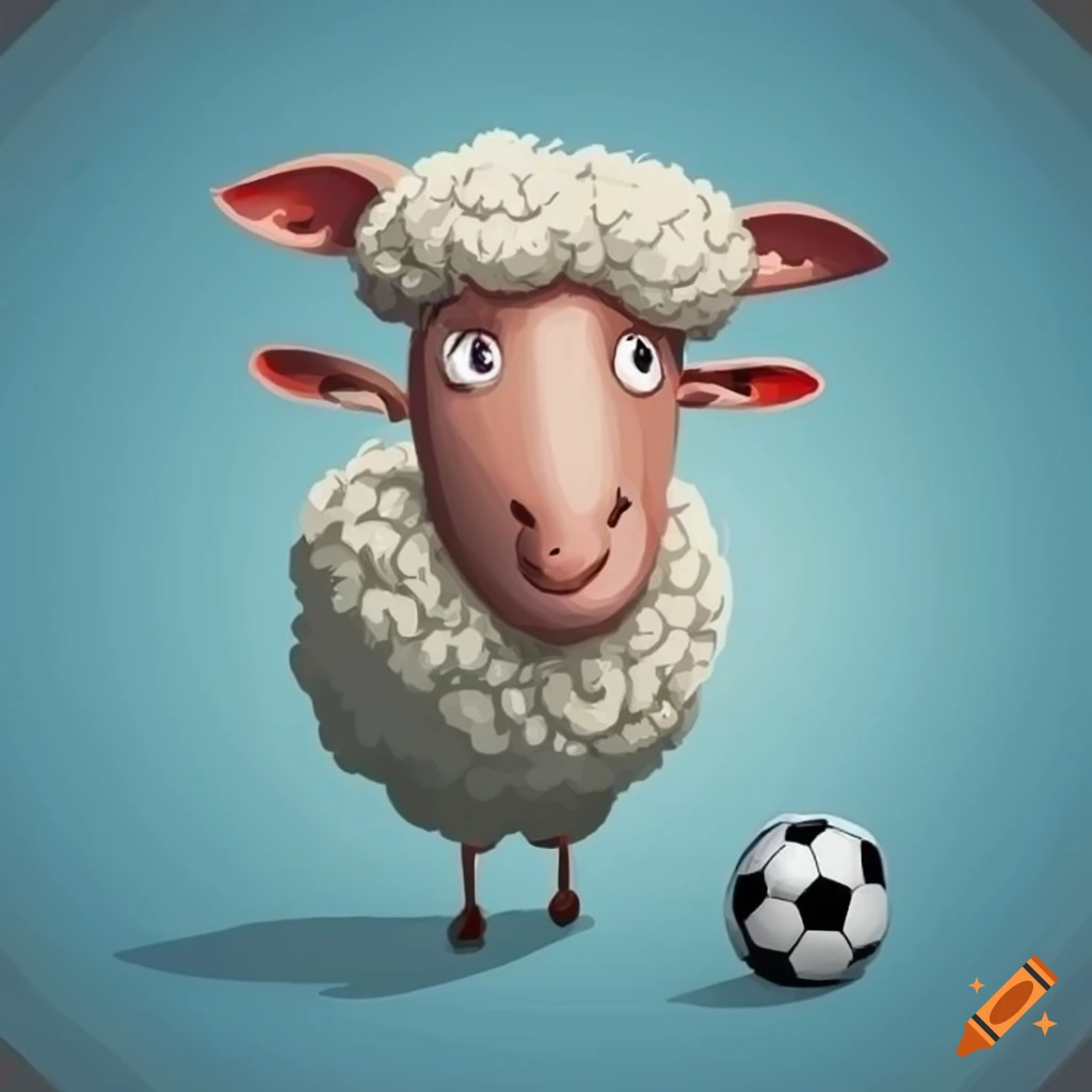 Comic illustration of a sheep playing soccer