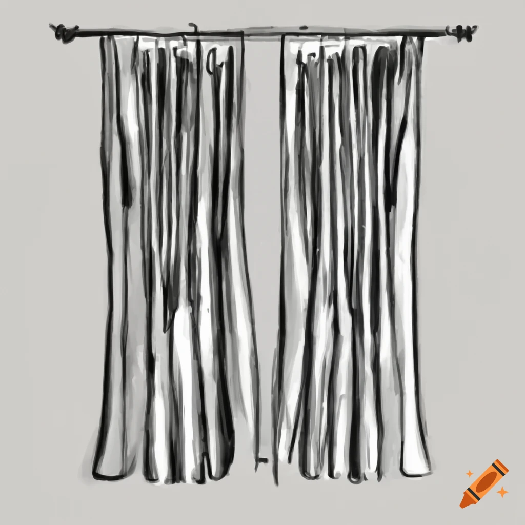 Black and white sketch of drawn curtains on Craiyon