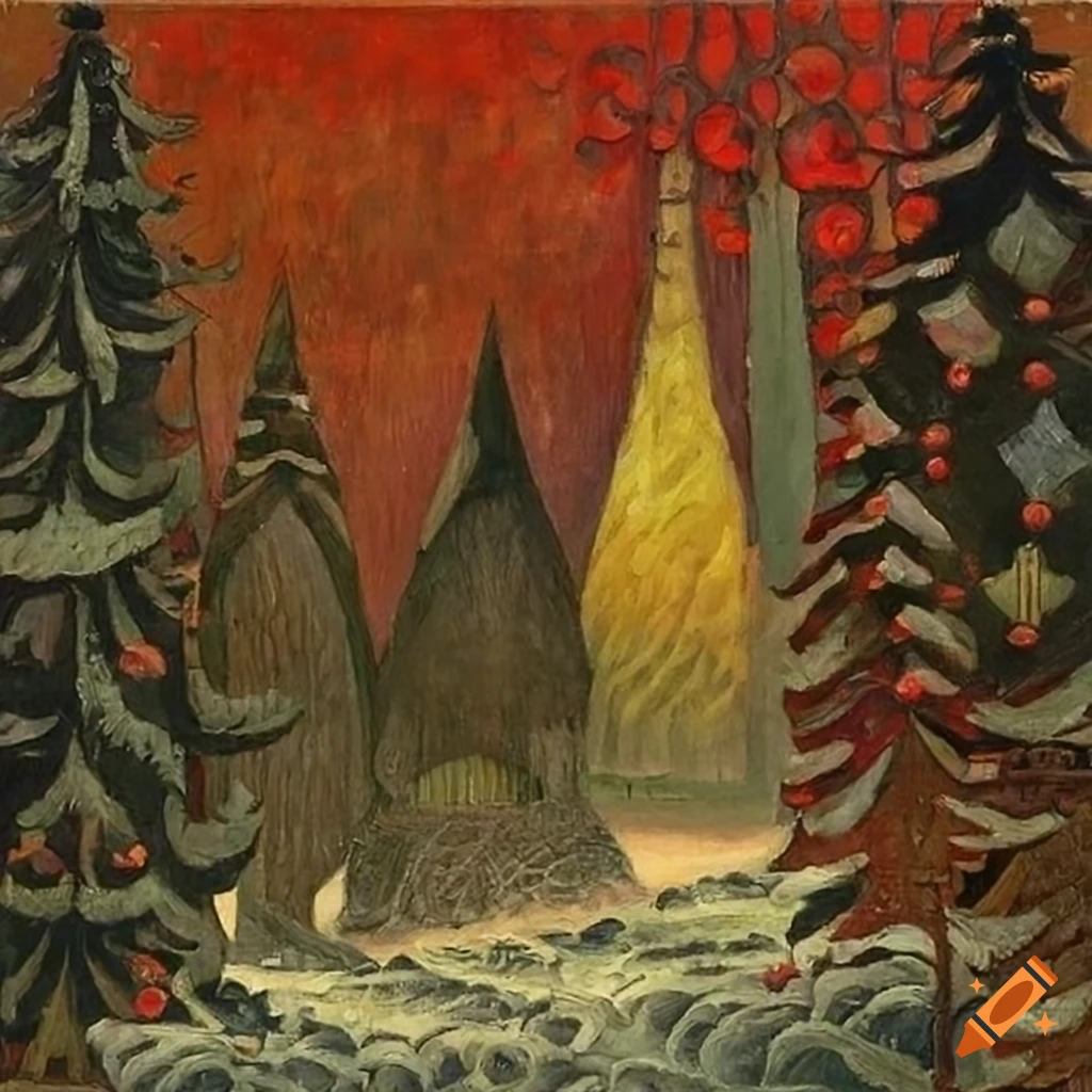 highly detailed oil painting of a festive Christmas forest scene