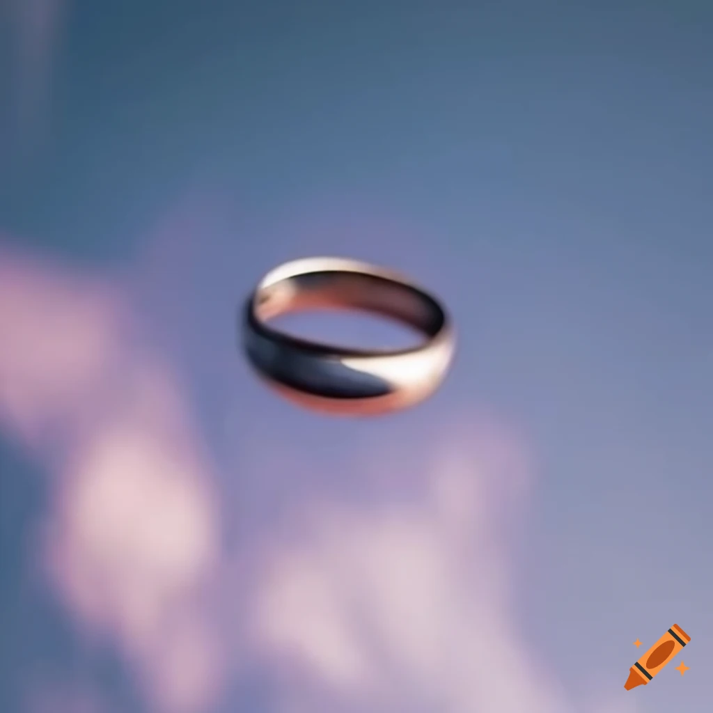Silver wedding ring falling through the sky