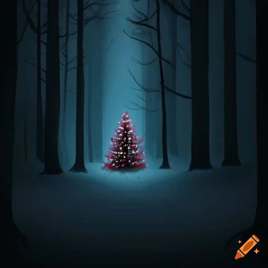Dark forest with a christmas tree