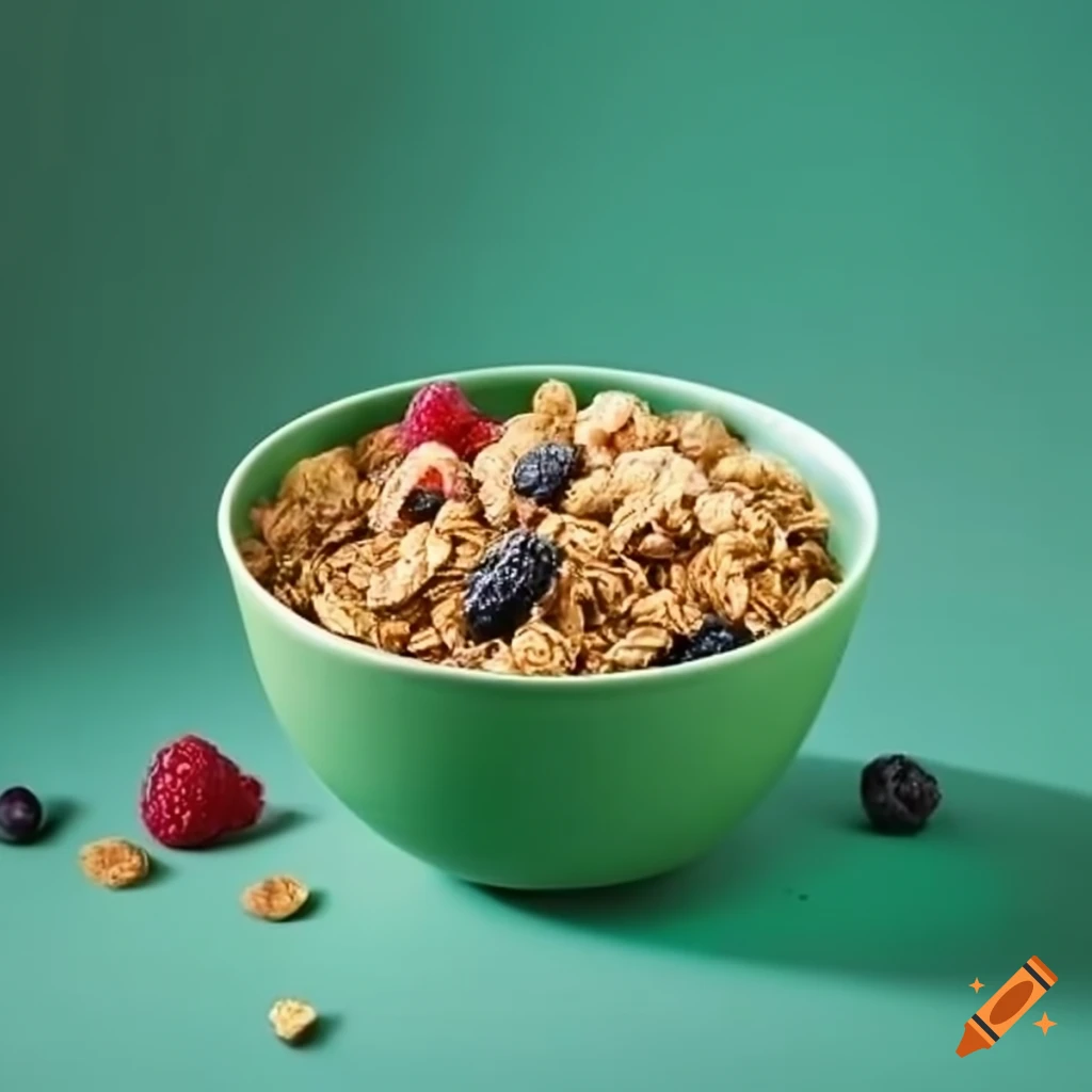 green breakfast bowl with granola and dried fruit