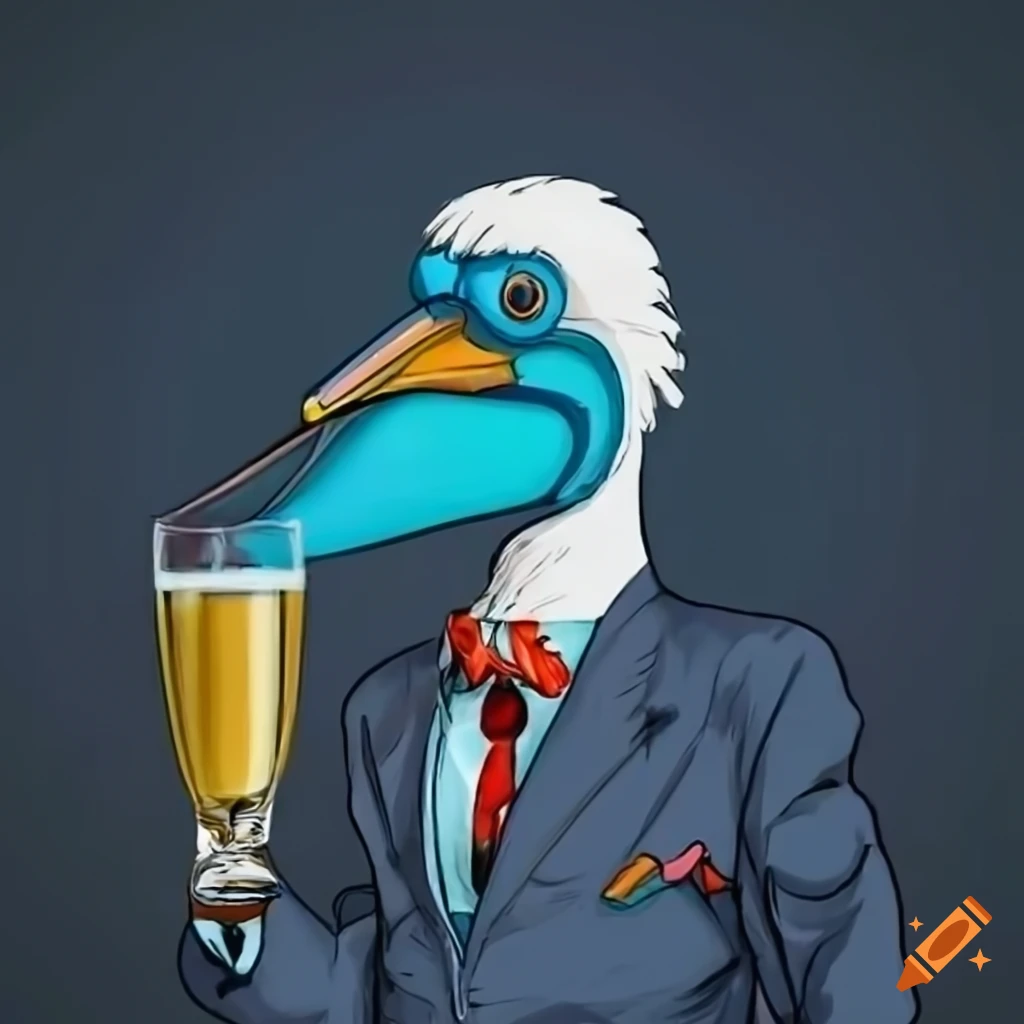 NFT artwork of a pelican in a suit with a champagne glass