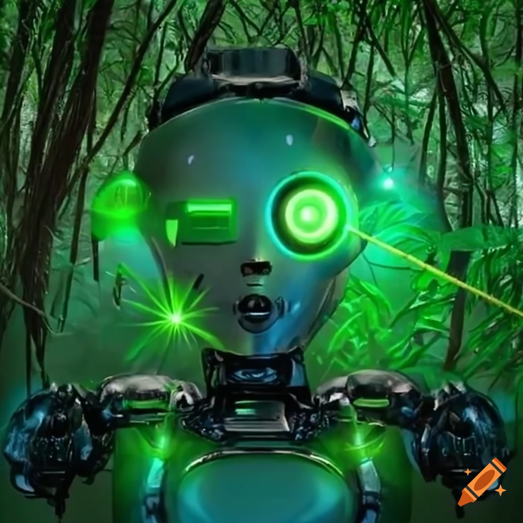 Image of a robot with green laser eyes in a tropical forest