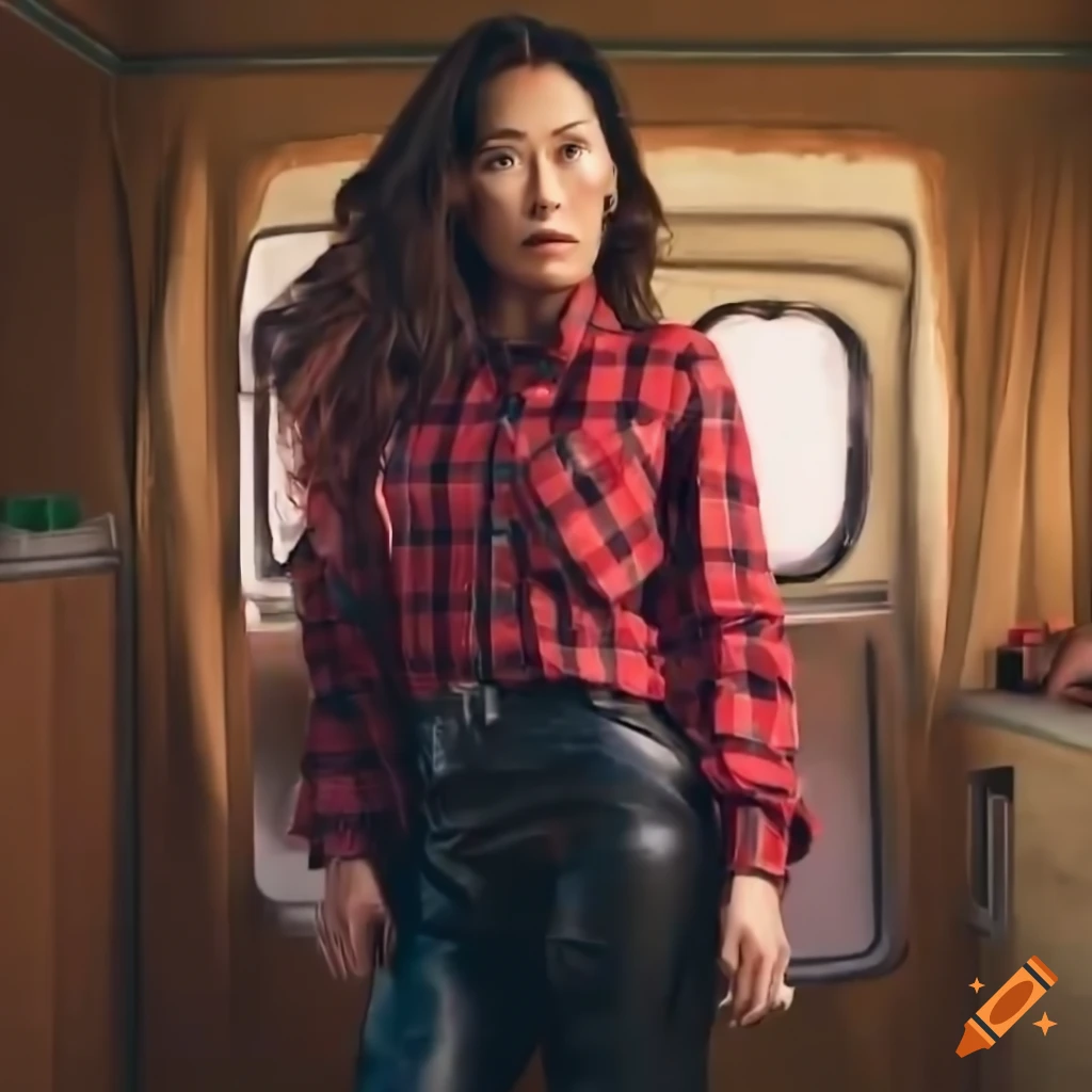 photorealistic image of a young woman with red plaid shirt and black leather trousers