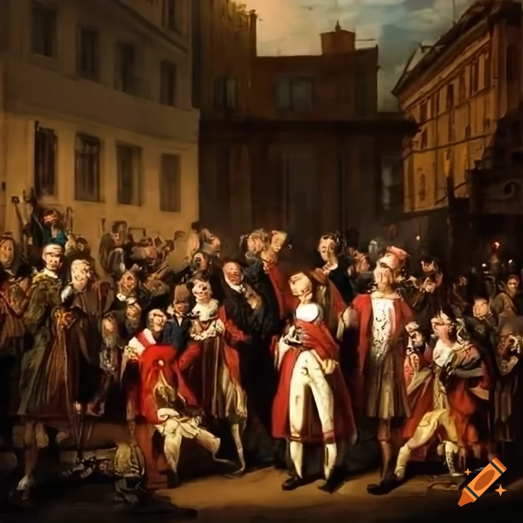 group of revolutionists celebrating in the city streets