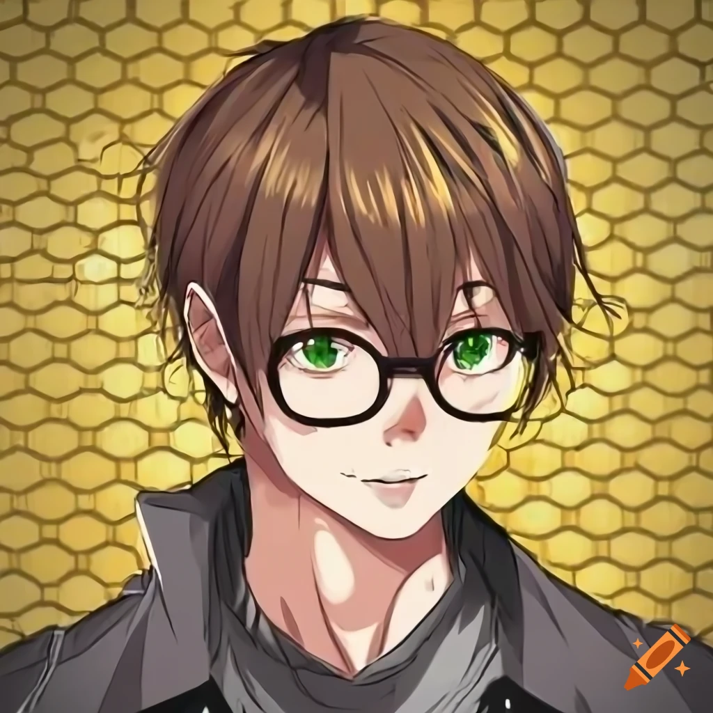 Illustration of an anime man with brown hair and round glasses on Craiyon