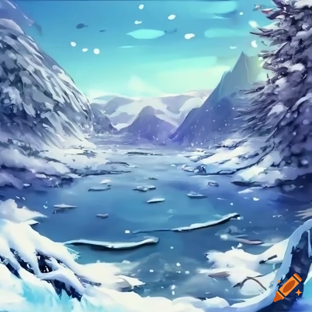 high angle view of a beautiful winter anime scenery
