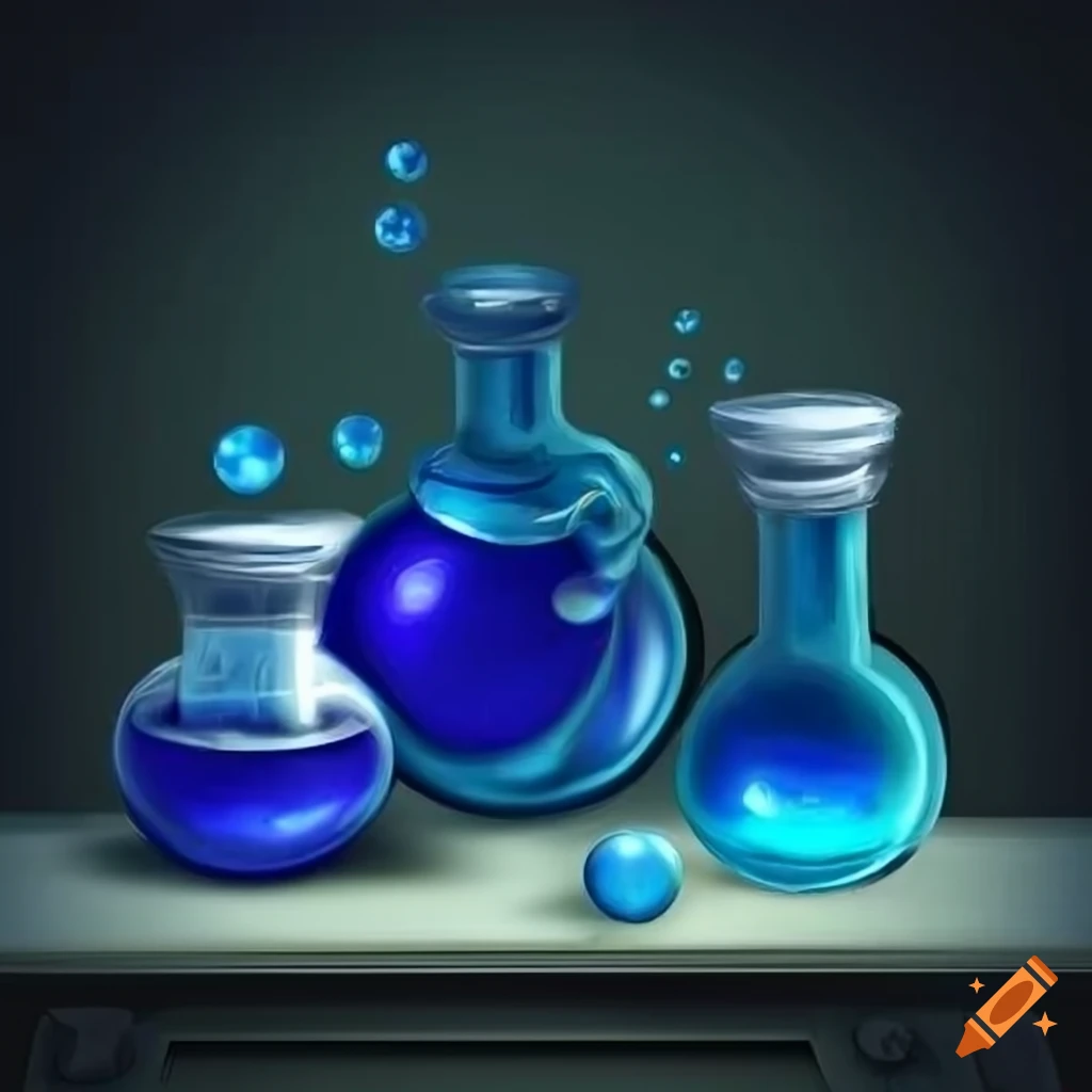 blue potion bubbling on a laboratory table