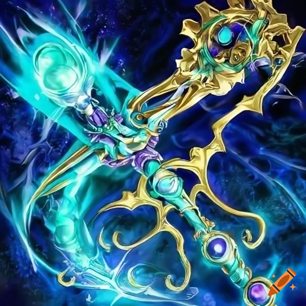 detailed Yu-Gi-Oh artwork with magical staff and golden lines