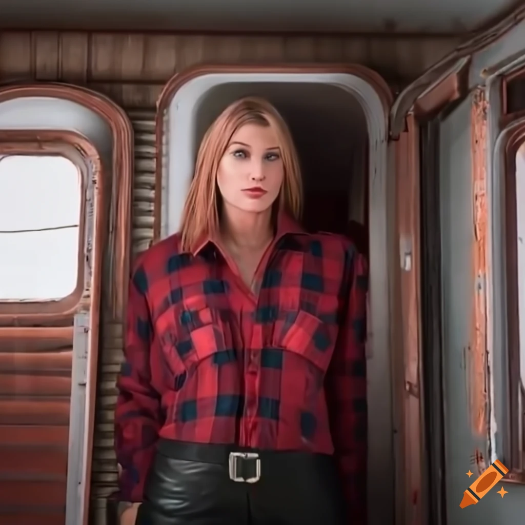 photorealistic image of a young woman in a red plaid shirt