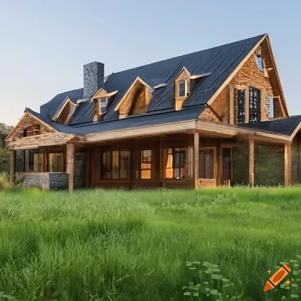 contemporary farmhouse in a beautiful grass field with a mountain backdrop