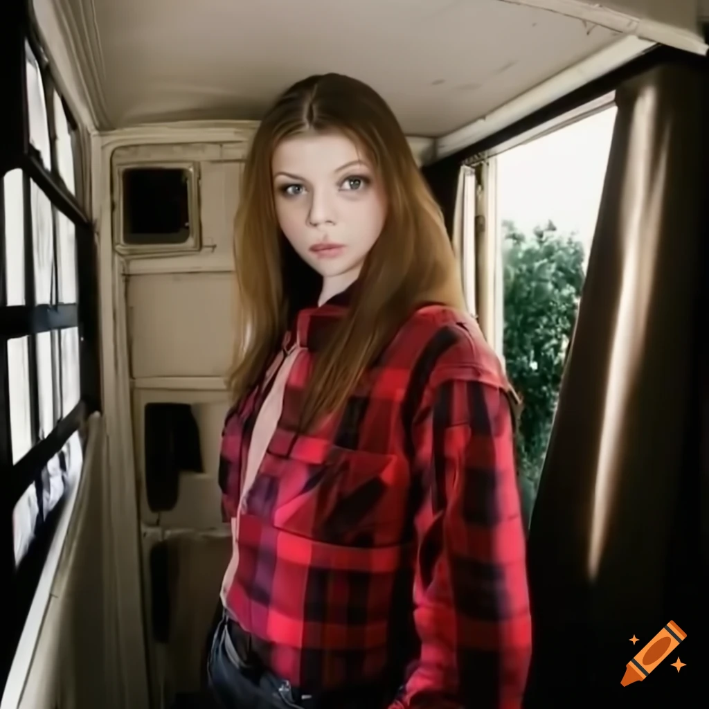 actress Michelle Trachtenberg in a red plaid shirt and black leather trousers
