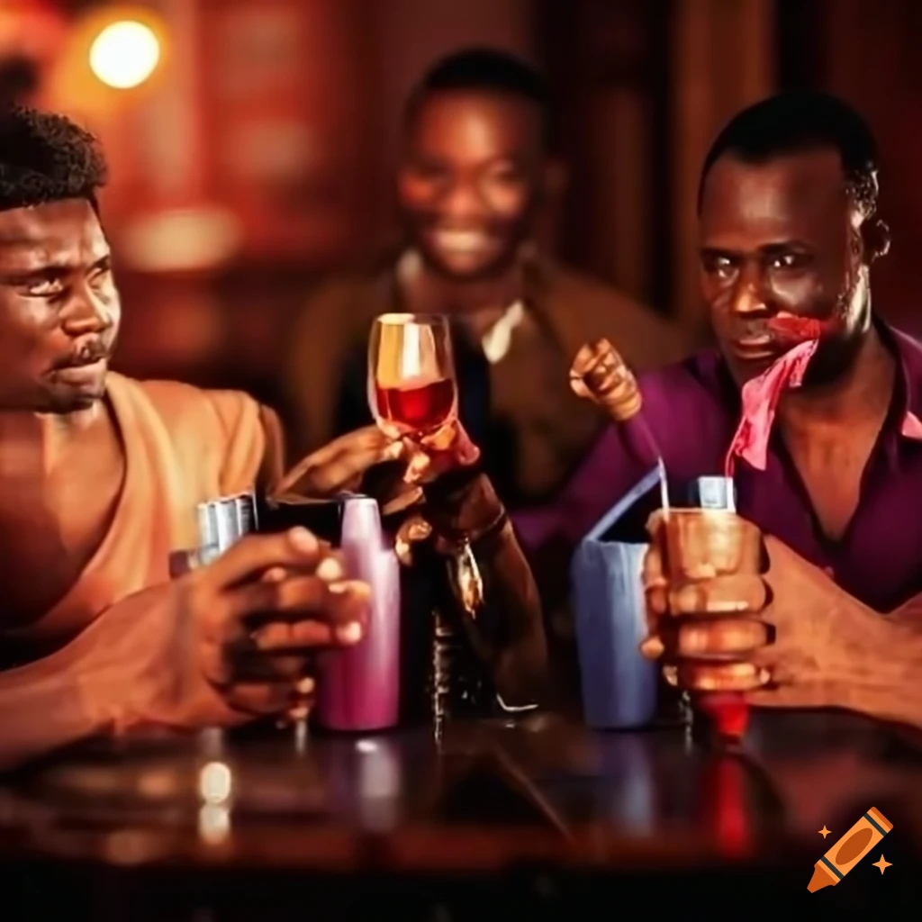 men socializing with wine in an African tavern