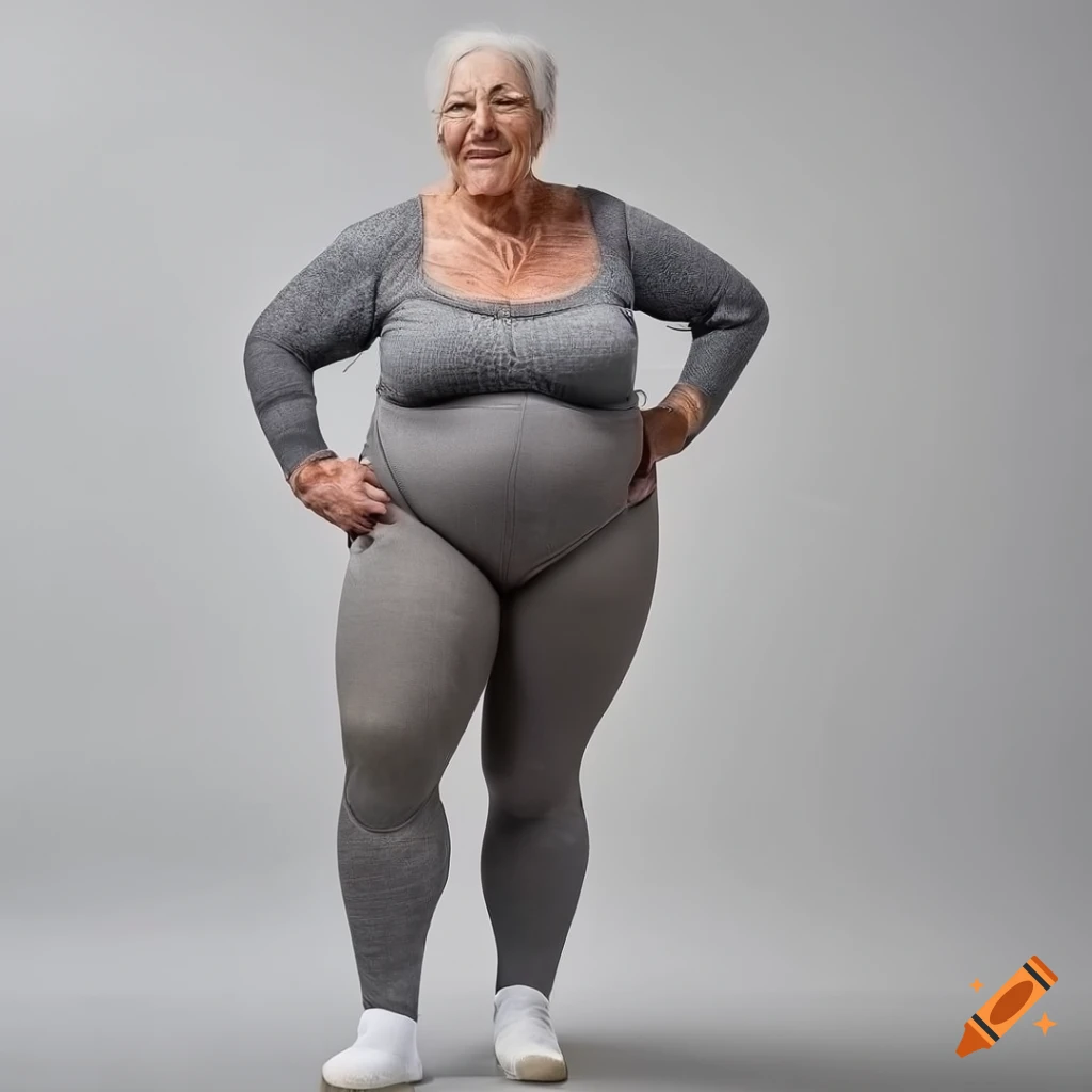 Stylish elderly woman in leggings and socks on Craiyon