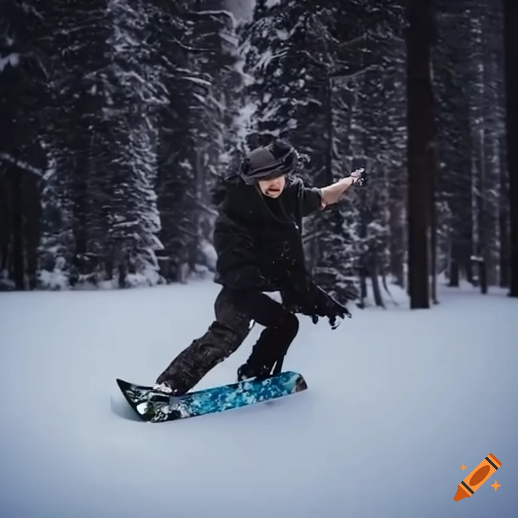 snowboarding through snowy fir tree forest