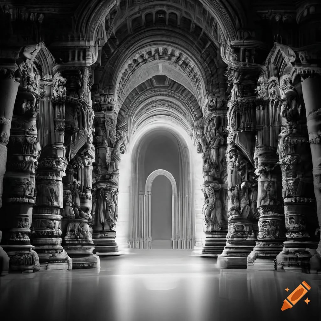 black and white sci-fi temple interior with guard statues