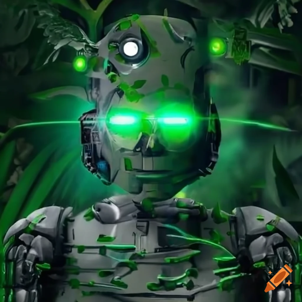 Robot with green laser eyes in the jungle on Craiyon