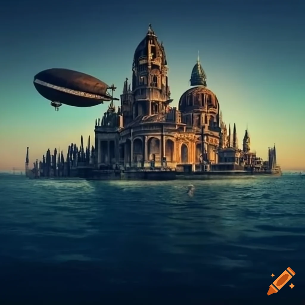 Steampunk city with airships in the sky