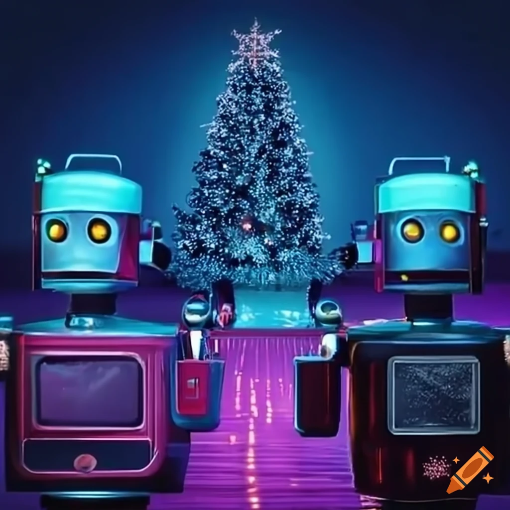 Robots and AI gather around a christmas tree in the city