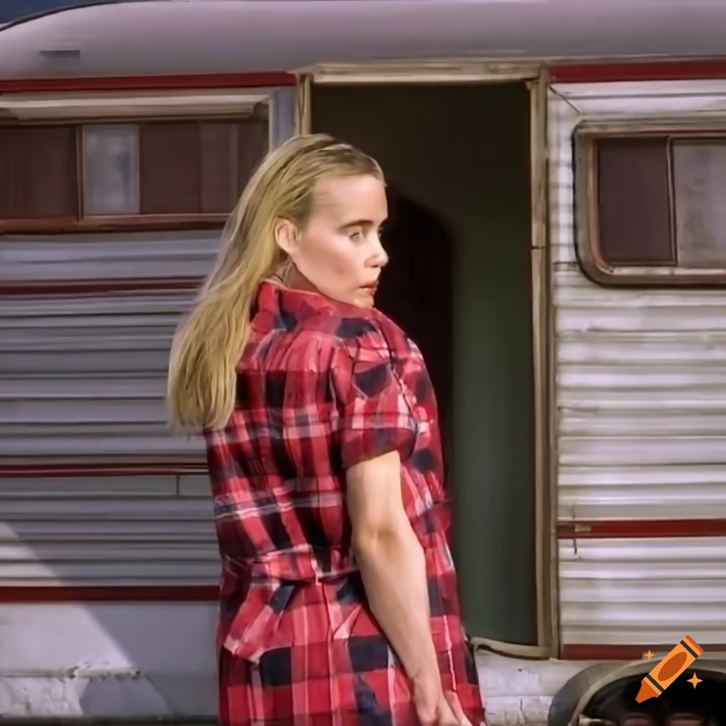 actress with messy hair and red plaid shirt in a caravan doorway