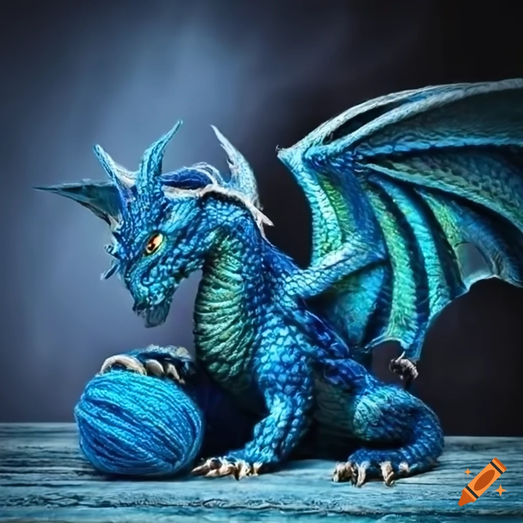 blue dragon perched on a pile of yarn