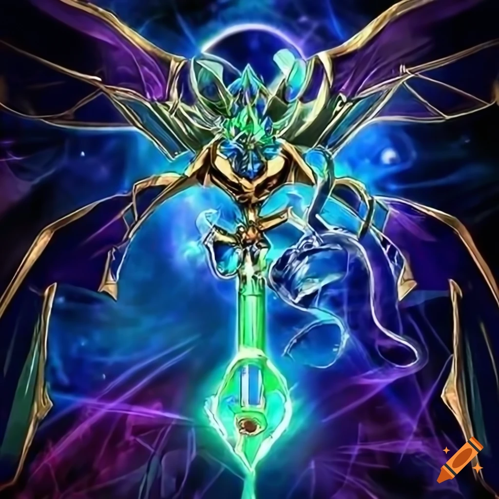 Detailed yugioh artwork with magical staff and golden lines on Craiyon