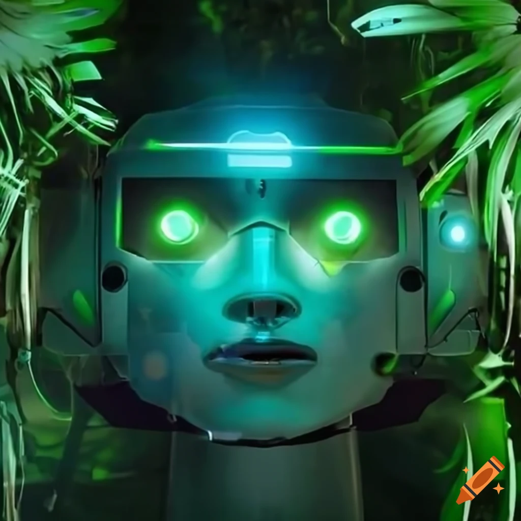 Robot with green laser eyes in a tropical forest on Craiyon