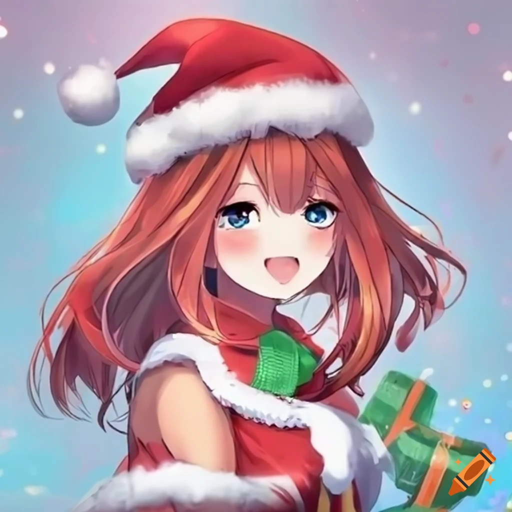 Anime girl in a festive christmas outfit and hat