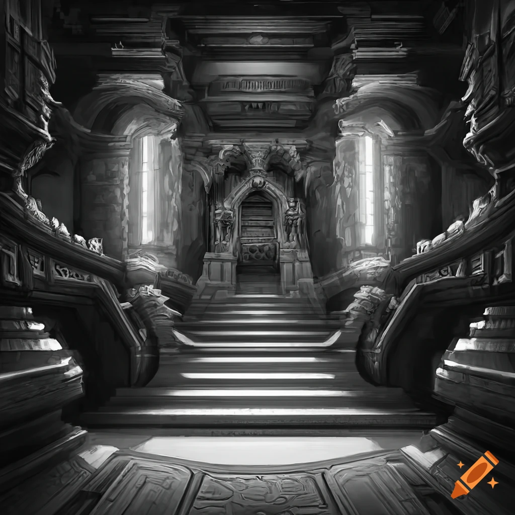 black and white realistic sci-fi temple interior
