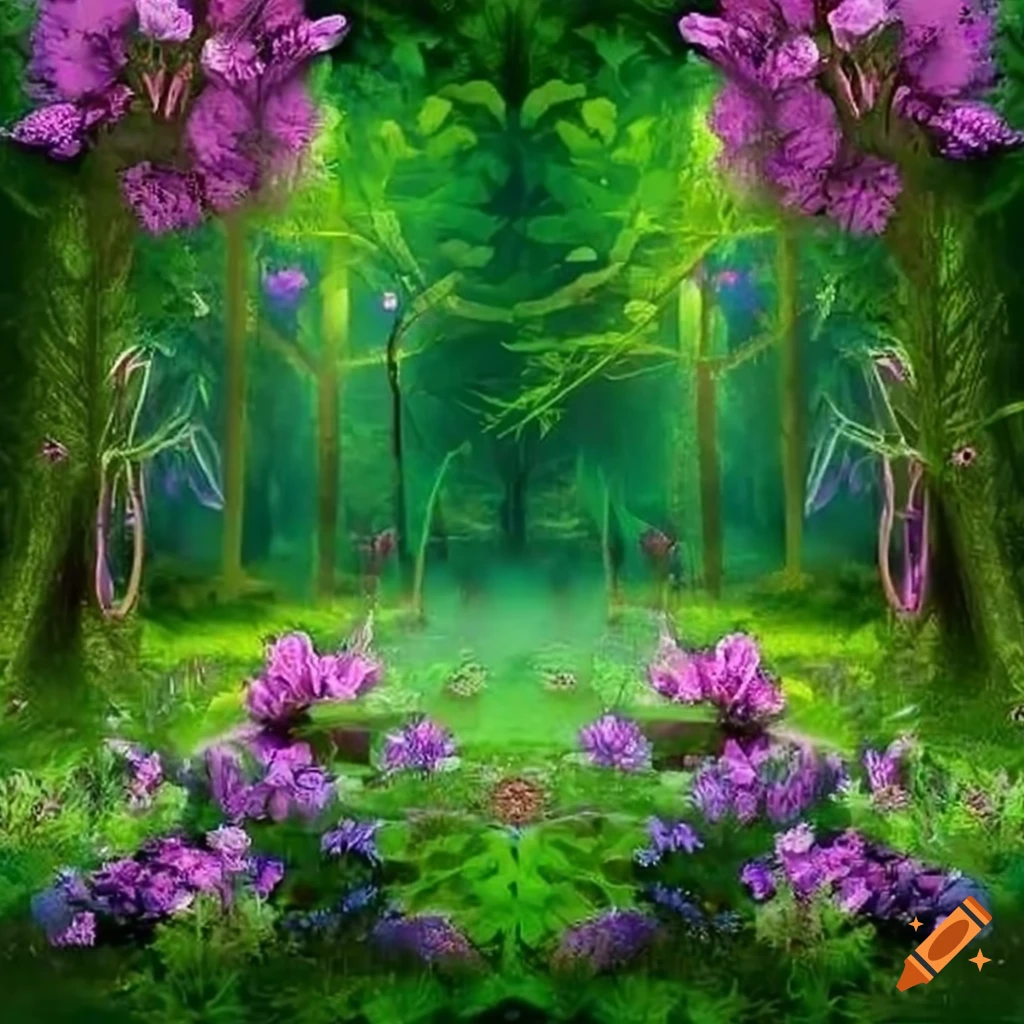 fantasy forest with blooming flowers