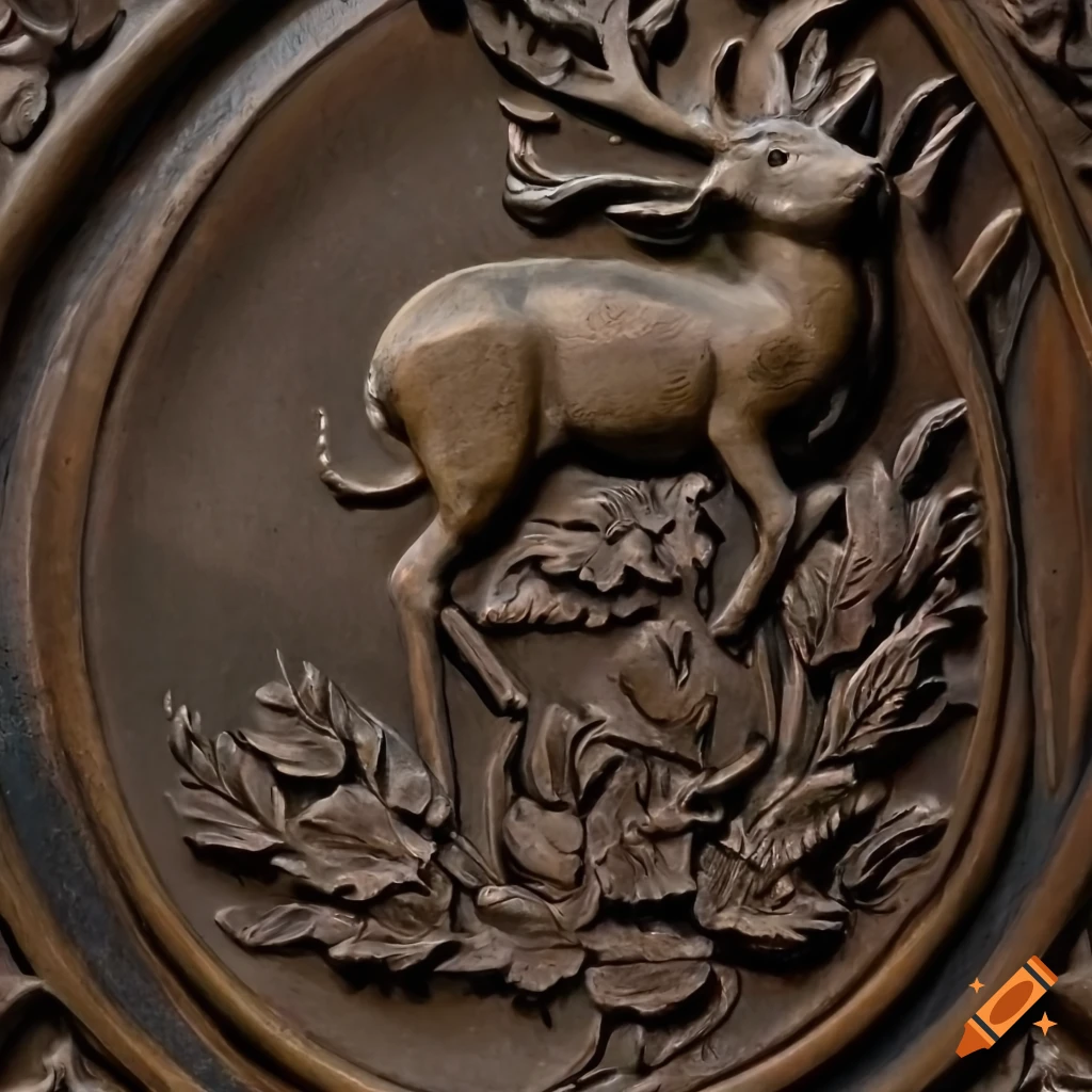 Bronze relief of deer in a forest surrounded by flowers on Craiyon