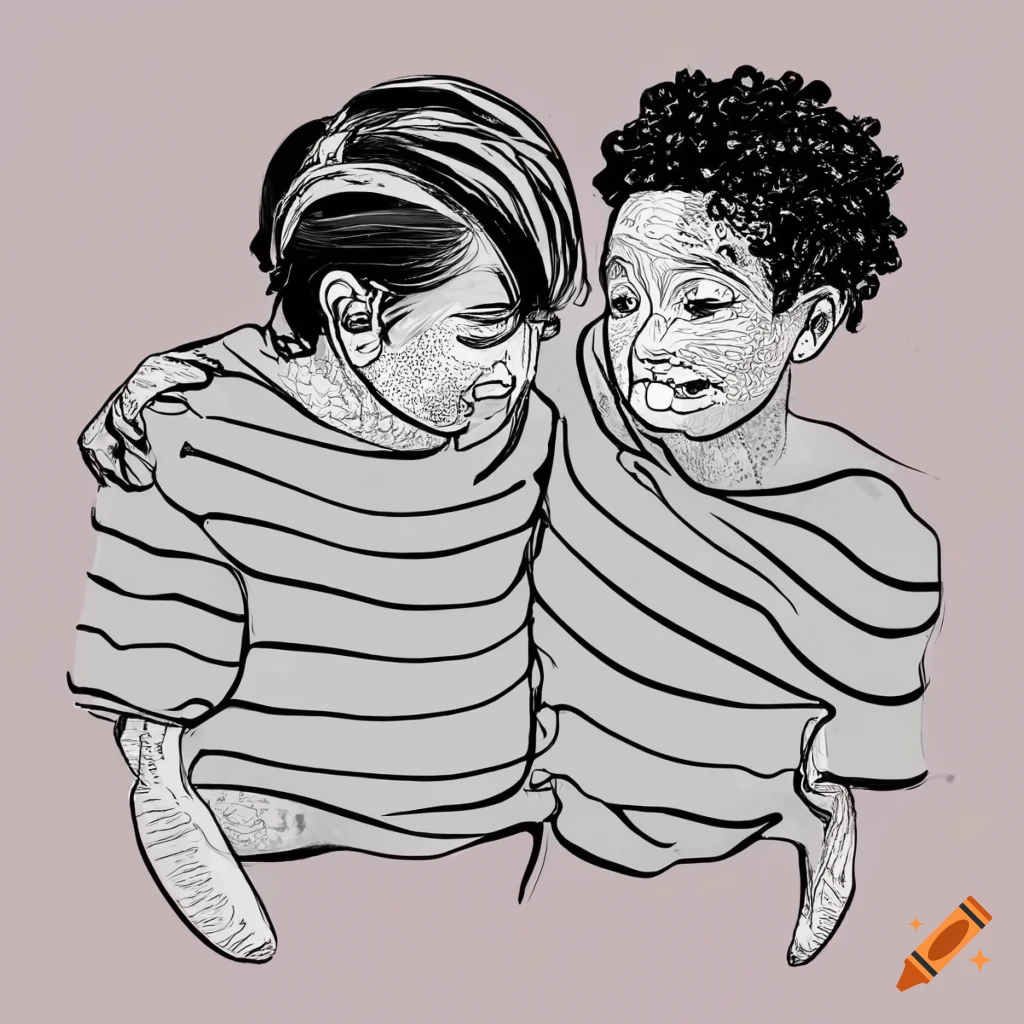 Line art of black siblings in striped shirts on Craiyon