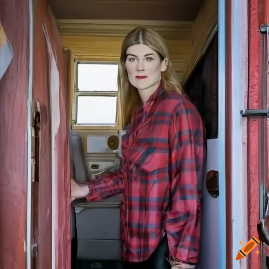 young actress with messy hair and red plaid shirt standing in doorway