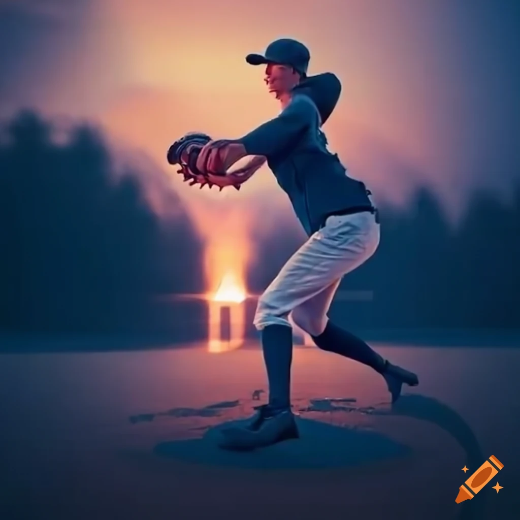 baseball pitcher throwing a ball at sunset