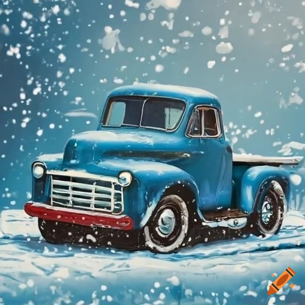 vintage truck in blue colors during winter