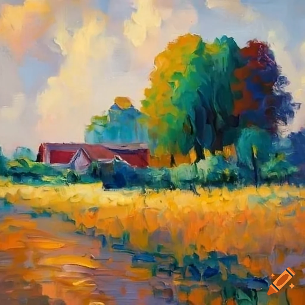 Impressionist painting of a farm landscape on Craiyon
