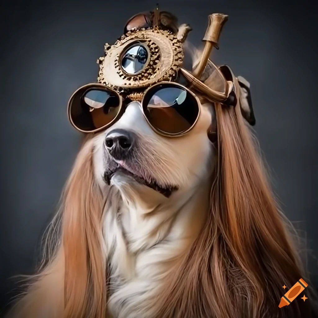 Dog face with steampunk glasses and hat