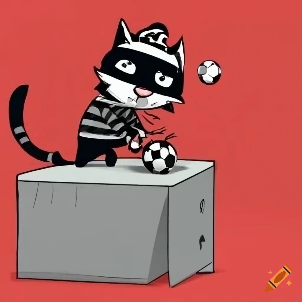 Cartoon cat stealing soccer ball from vault on Craiyon