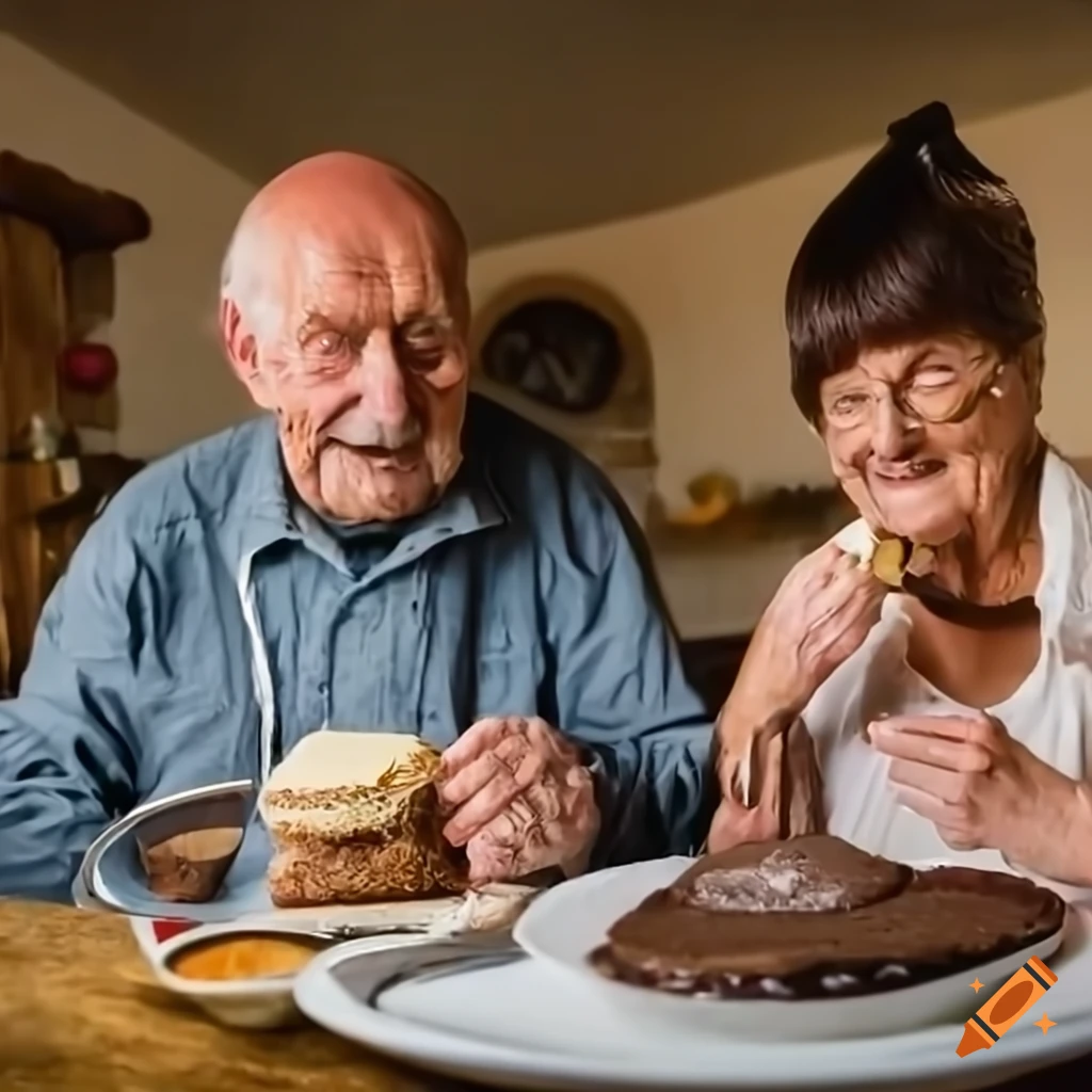 European couple enjoying traditional meal in rustic kitchen