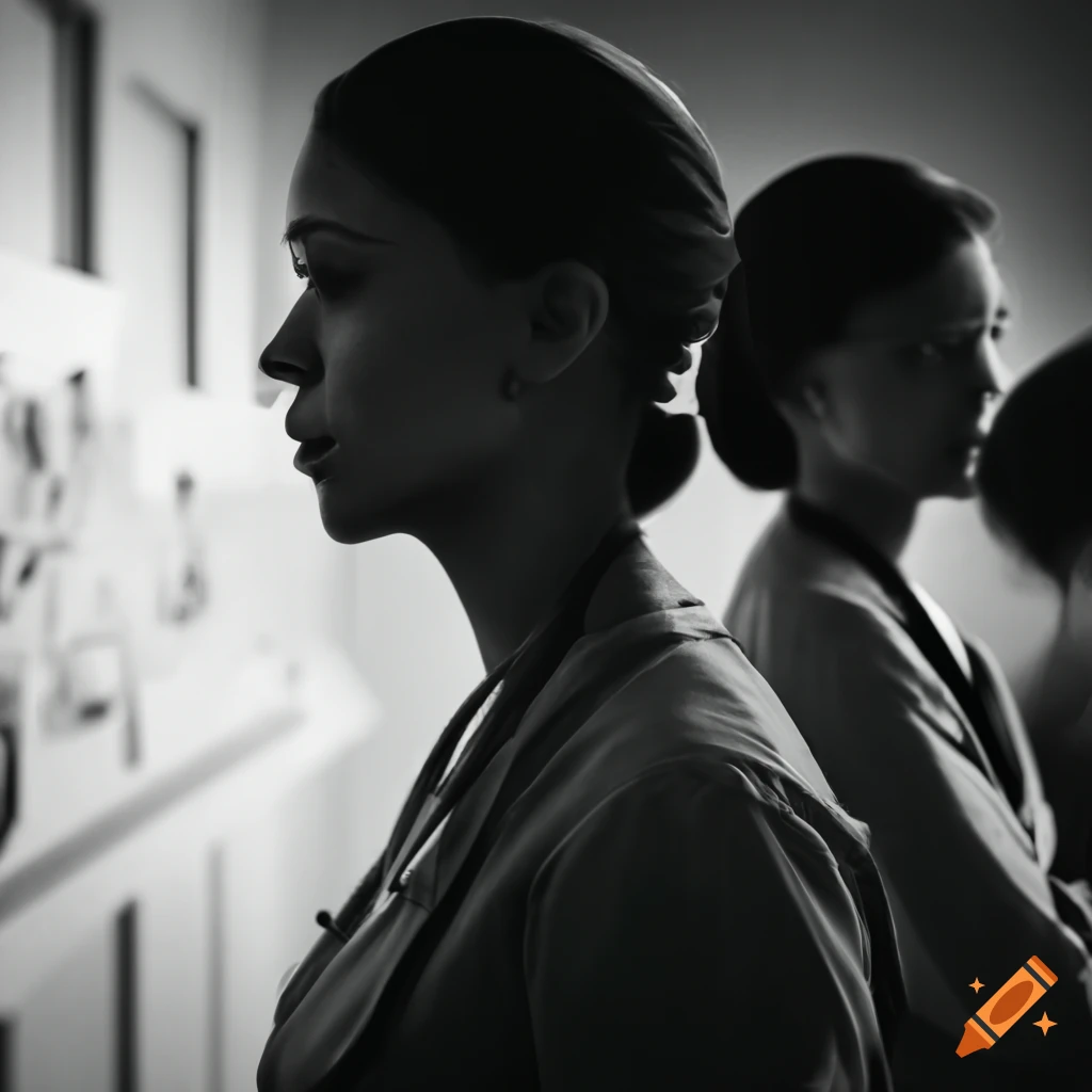 Black and white illustration of stressed healthcare professionals in a ...