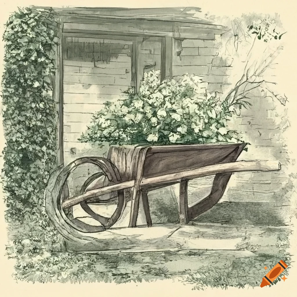 Pencil drawing of a wooden wheelbarrow with flowers on Craiyon