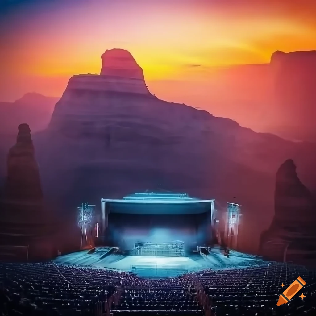 Stage in outdoor stadium illuminated by sunlight on Craiyon