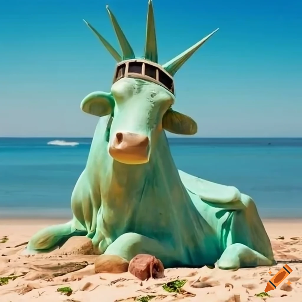 Sculpture of cow statue of liberty on the beach on Craiyon